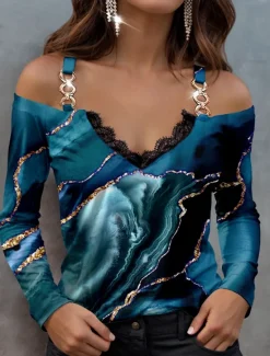 Outlet Women's Blouse Long Sleeve V Neck Fashion Abstract Print Cold Shoulder Regular Tops Casual Red Blue Green Spring & Fall Women Blouses & Shirts
