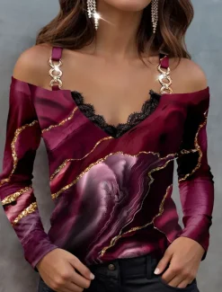 Outlet Women's Blouse Long Sleeve V Neck Fashion Abstract Print Cold Shoulder Regular Tops Casual Red Blue Green Spring & Fall Women Blouses & Shirts