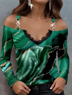 Outlet Women's Blouse Long Sleeve V Neck Fashion Abstract Print Cold Shoulder Regular Tops Casual Red Blue Green Spring & Fall Women Blouses & Shirts