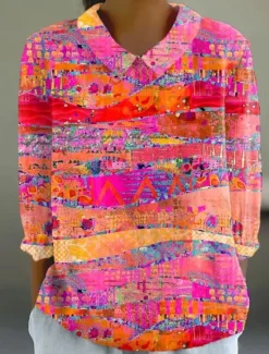 Hot Women's Blouse Long Sleeve Peter Pan Collar Casual Graphic Abstract Daily Stylish Collar Regular Tops Daily Buttons Print Pink Orange Rose Pink Summer Spring Women Blouses & Shirts