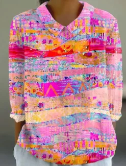 Hot Women's Blouse Long Sleeve Peter Pan Collar Casual Graphic Abstract Daily Stylish Collar Regular Tops Daily Buttons Print Pink Orange Rose Pink Summer Spring Women Blouses & Shirts