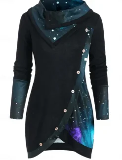Online Women's Blouse Ombre Stylish Casual Long Sleeve Cowl Neck Long Tops Daily Buttons Print Black Purple Green Spring Fall Winter Women Blouses & Shirts
