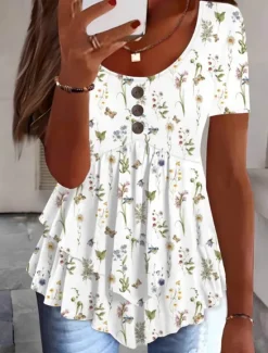 Outlet Women's Blouse Peplum Floral Stylish Casual Short Sleeve Crew Neck Regular Tops Daily Ruffle Buttons Print White Pink Red Navy Blue Blue Summer Spring Women Blouses & Shirts