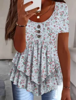Outlet Women's Blouse Peplum Floral Stylish Casual Short Sleeve Crew Neck Regular Tops Daily Ruffle Buttons Print White Pink Red Navy Blue Blue Summer Spring Women Blouses & Shirts
