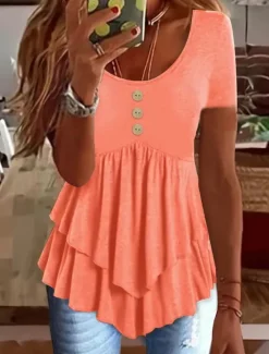 Clearance Women's Blouse Peplum Solid Color Stylish Casual Short Sleeve Crew Neck Regular Tops Daily Ruffle Buttons Black White Blue Orange Green Summer Spring Women Blouses & Shirts