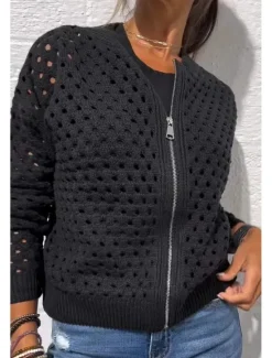 Clearance Women's Blouse Plain Basic Modern Long Sleeve Crew Neck Regular Tops Daily Holiday Going out Zipper Black White Pink Wine Army Green Summer Women Jackets
