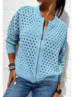 Clearance Women's Blouse Plain Basic Modern Long Sleeve Crew Neck Regular Tops Daily Holiday Going out Zipper Black White Pink Wine Army Green Summer Women Jackets