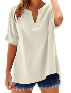 Online Women's Blouse Plain Basic Casual Short Sleeve Notched Neck Regular Tops Daily Buttons Pocket Red Blue Purple Beige Summer Spring Women Shirts