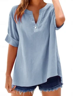 Online Women's Blouse Plain Basic Casual Short Sleeve Notched Neck Regular Tops Daily Buttons Pocket Red Blue Purple Beige Summer Spring Women Shirts