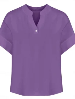 Online Women's Blouse Plain Basic Casual Short Sleeve Notched Neck Regular Tops Daily Buttons Pocket Red Blue Purple Beige Summer Spring Women Shirts
