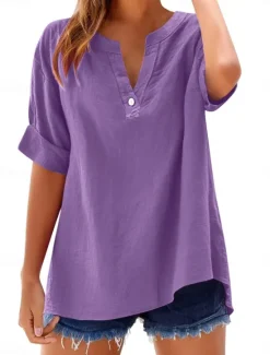 Online Women's Blouse Plain Basic Casual Short Sleeve Notched Neck Regular Tops Daily Buttons Pocket Red Blue Purple Beige Summer Spring Women Shirts