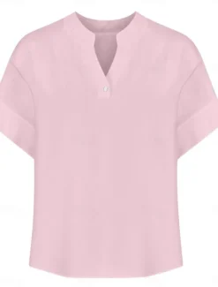 Online Women's Blouse Plain Basic Casual Short Sleeve Notched Neck Regular Tops Daily Buttons Pocket Red Blue Purple Beige Summer Spring Women Shirts