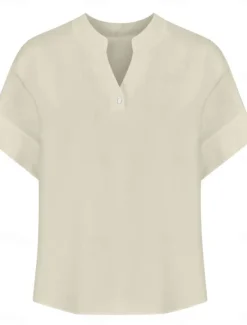 Online Women's Blouse Plain Basic Casual Short Sleeve Notched Neck Regular Tops Daily Buttons Pocket Red Blue Purple Beige Summer Spring Women Shirts