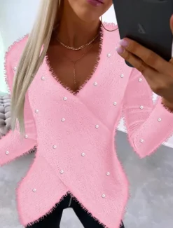 Online Women's Blouse Pullover Fuzzy Edge Asymmetrical Long Sleeve V-Neck Basic Casual Chic Autumn Winter Women Blouses & Shirts