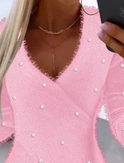 Online Women's Blouse Pullover Fuzzy Edge Asymmetrical Long Sleeve V-Neck Basic Casual Chic Autumn Winter Women Blouses & Shirts