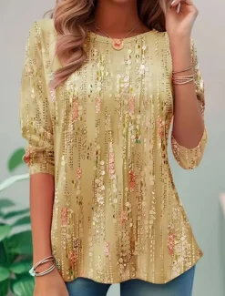 Discount Women's Blouse Sequin Floral Print Three-Quarter Sleeve Keyhole Neckline Elastic Cuffs Loose Fit Golden Yellow Spring Summer Elegant Day to Evening Wear Versatile Top Women Boho Tops