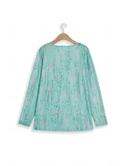 Discount Women's Blouse Sequin Floral Print Three-Quarter Sleeve Keyhole Neckline Elastic Cuffs Loose Fit Golden Yellow Spring Summer Elegant Day to Evening Wear Versatile Top Women Boho Tops