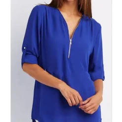 Best Women's Blouse Shirt Zipper Basic Plain Daily V Neck T-shirt Sleeve Regular Summer White Black Pink Grey Dark Blue Women Blouses & Shirts