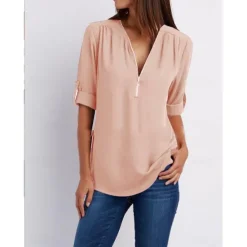 Best Women's Blouse Shirt Zipper Basic Plain Daily V Neck T-shirt Sleeve Regular Summer White Black Pink Grey Dark Blue Women Blouses & Shirts