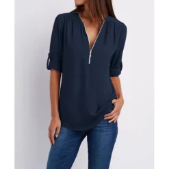 Best Women's Blouse Shirt Zipper Basic Plain Daily V Neck T-shirt Sleeve Regular Summer White Black Pink Grey Dark Blue Women Blouses & Shirts