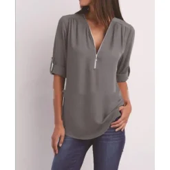 Best Women's Blouse Shirt Zipper Basic Plain Daily V Neck T-shirt Sleeve Regular Summer White Black Pink Grey Dark Blue Women Blouses & Shirts