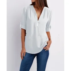 Best Women's Blouse Shirt Zipper Basic Plain Daily V Neck T-shirt Sleeve Regular Summer White Black Pink Grey Dark Blue Women Blouses & Shirts