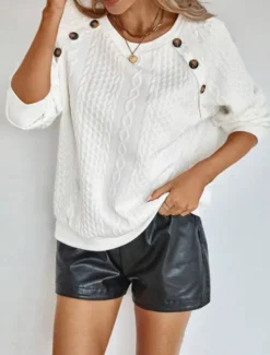 New Women's Blouse Solid Color Stylish Casual Long Sleeve Crew Neck Regular Tops Daily Pocket Buttons Summer Spring Women Pullovers & Tops