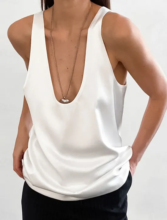 Best Women's Blouse Solid Color Stylish Sexy Casual Sleeveless U Neck Regular Tops Daily Going out Black White Summer Spring Women Blouses & Shirts