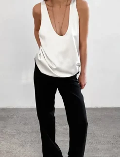Best Women's Blouse Solid Color Stylish Sexy Casual Sleeveless U Neck Regular Tops Daily Going out Black White Summer Spring Women Blouses & Shirts