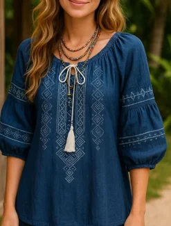 Sale Women's Blouse Solid Color Vintage Ethnic Casual 3/4 Length Sleeve Crew Neck Regular Tops Daily Ruched Embroidered Print Summer Women Shirts
