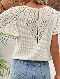 Sale Women's Blouse Solid Color Eyelet top Daily Short Sleeve V Neck Regular Tops Daily Beach Wear Vacation Wear Lace Buttons Summer Spring Women T-Shirts