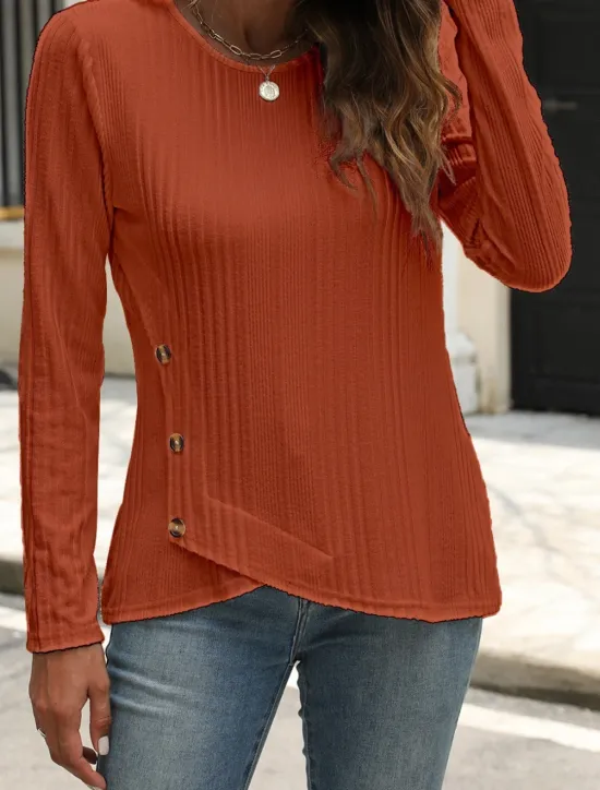 Outlet Women's Blouse Solid Color Stylish Casual Long Sleeve Crew Neck Regular Tops Daily Buttons Black White Blue Purple Orange Summer Spring Fall Women T-Shirts