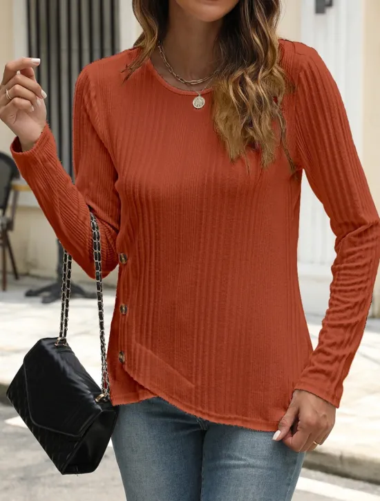 Outlet Women's Blouse Solid Color Stylish Casual Long Sleeve Crew Neck Regular Tops Daily Buttons Black White Blue Purple Orange Summer Spring Fall Women T-Shirts