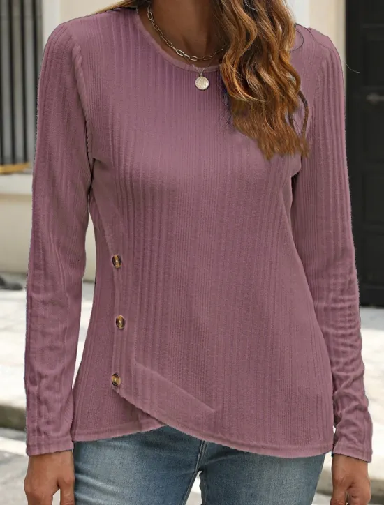 Outlet Women's Blouse Solid Color Stylish Casual Long Sleeve Crew Neck Regular Tops Daily Buttons Black White Blue Purple Orange Summer Spring Fall Women T-Shirts