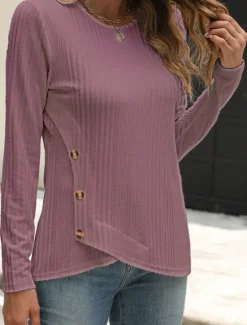 Outlet Women's Blouse Solid Color Stylish Casual Long Sleeve Crew Neck Regular Tops Daily Buttons Black White Blue Purple Orange Summer Spring Fall Women T-Shirts
