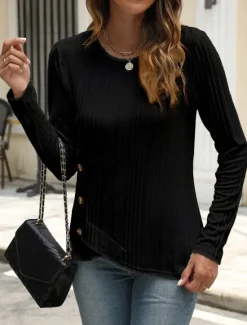 Outlet Women's Blouse Solid Color Stylish Casual Long Sleeve Crew Neck Regular Tops Daily Buttons Black White Blue Purple Orange Summer Spring Fall Women T-Shirts