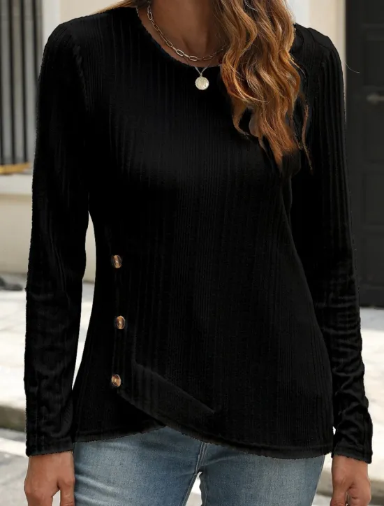 Outlet Women's Blouse Solid Color Stylish Casual Long Sleeve Crew Neck Regular Tops Daily Buttons Black White Blue Purple Orange Summer Spring Fall Women T-Shirts
