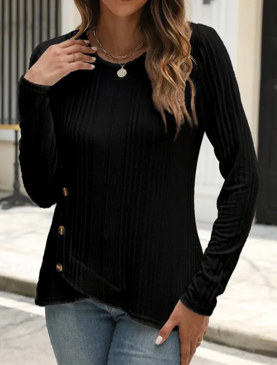 Outlet Women's Blouse Solid Color Stylish Casual Long Sleeve Crew Neck Regular Tops Daily Buttons Black White Blue Purple Orange Summer Spring Fall Women T-Shirts