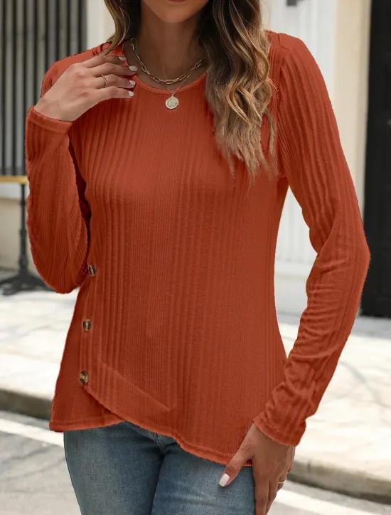Outlet Women's Blouse Solid Color Stylish Casual Long Sleeve Crew Neck Regular Tops Daily Buttons Black White Blue Purple Orange Summer Spring Fall Women T-Shirts