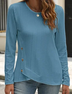 Outlet Women's Blouse Solid Color Stylish Casual Long Sleeve Crew Neck Regular Tops Daily Buttons Black White Blue Purple Orange Summer Spring Fall Women T-Shirts