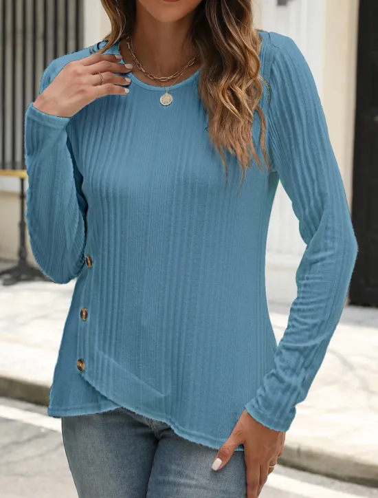 Outlet Women's Blouse Solid Color Stylish Casual Long Sleeve Crew Neck Regular Tops Daily Buttons Black White Blue Purple Orange Summer Spring Fall Women T-Shirts