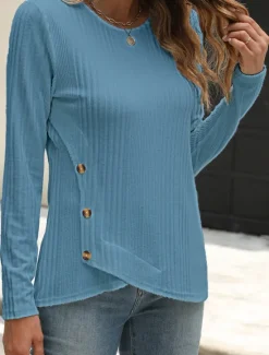 Outlet Women's Blouse Solid Color Stylish Casual Long Sleeve Crew Neck Regular Tops Daily Buttons Black White Blue Purple Orange Summer Spring Fall Women T-Shirts
