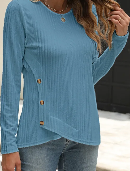 Outlet Women's Blouse Solid Color Stylish Casual Long Sleeve Crew Neck Regular Tops Daily Buttons Black White Blue Purple Orange Summer Spring Fall Women T-Shirts