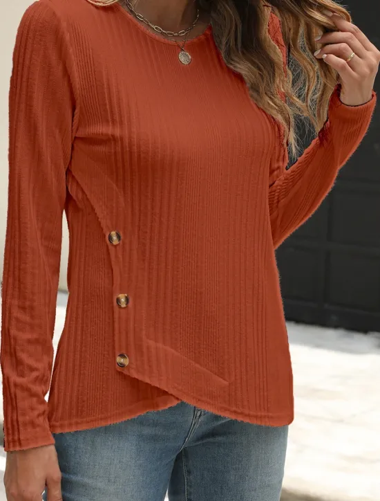 Outlet Women's Blouse Solid Color Stylish Casual Long Sleeve Crew Neck Regular Tops Daily Buttons Black White Blue Purple Orange Summer Spring Fall Women T-Shirts