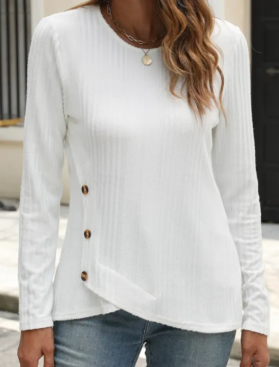 Outlet Women's Blouse Solid Color Stylish Casual Long Sleeve Crew Neck Regular Tops Daily Buttons Black White Blue Purple Orange Summer Spring Fall Women T-Shirts