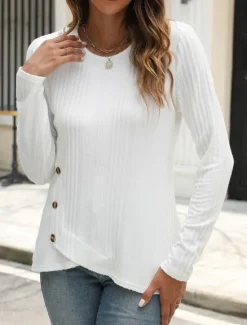 Outlet Women's Blouse Solid Color Stylish Casual Long Sleeve Crew Neck Regular Tops Daily Buttons Black White Blue Purple Orange Summer Spring Fall Women T-Shirts