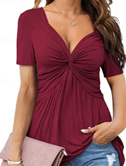 Clearance Women's Blouse Solid Color Stylish Casual Short Sleeve V Neck Regular Tops Daily Ruched White Yellow Wine Beige Summer Spring Women Blouses & Shirts