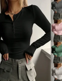 Sale Women's Blouse Solid Color Stylish Basic Casual Long Sleeve Crew Neck Regular Tops Daily Buttons Black White Pink Green Gray Summer Spring Fall Women T-Shirts