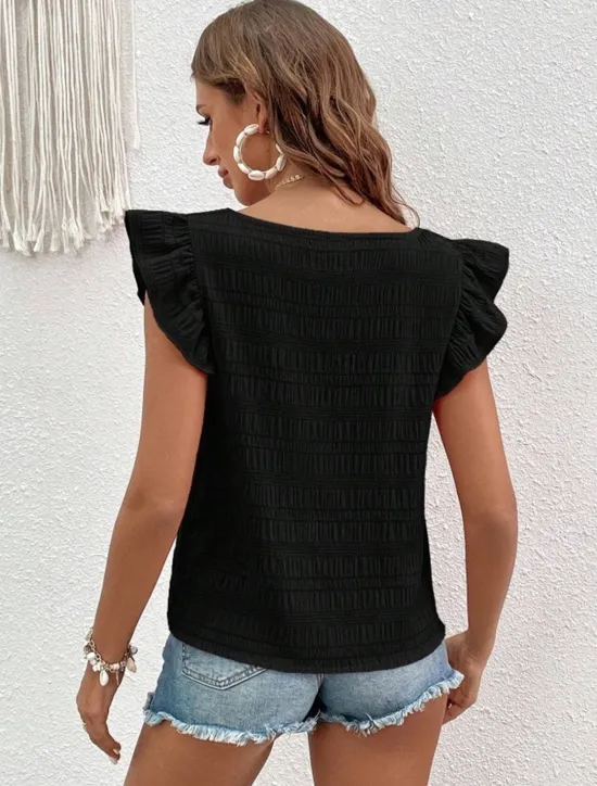 Best Women's Blouse Solid Color Daily Ladies Stylish Short Sleeve Square Neck Regular Tops Daily Holiday Going out Ruffle Patchwork Black White Pink Red Blue Summer Spring Women Blouses & Shirts