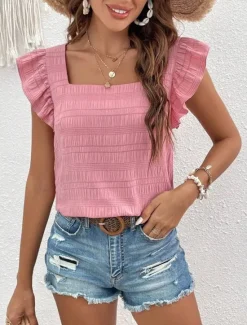 Best Women's Blouse Solid Color Daily Ladies Stylish Short Sleeve Square Neck Regular Tops Daily Holiday Going out Ruffle Patchwork Black White Pink Red Blue Summer Spring Women Blouses & Shirts
